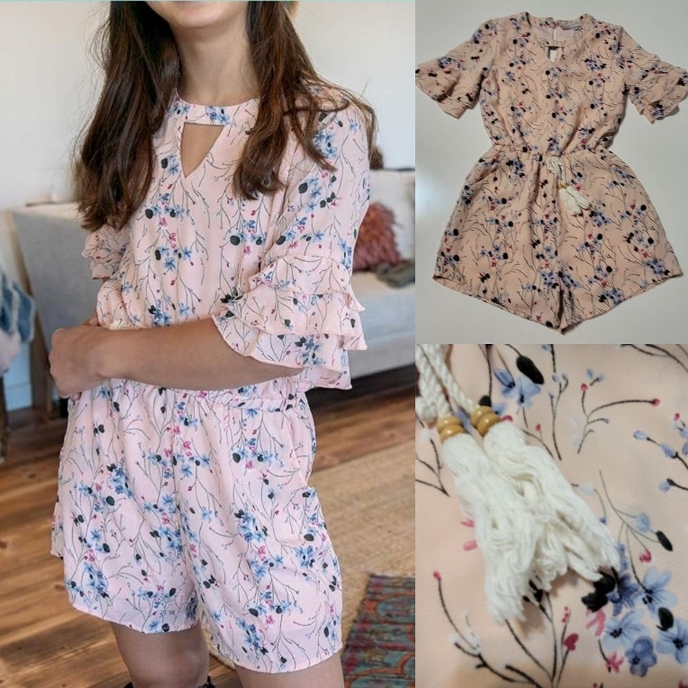 SMUKKE WRINKLE FREE LINED FLORAL RUFFLE SLEEVE BOHO pink blue ROMPER 7 medium